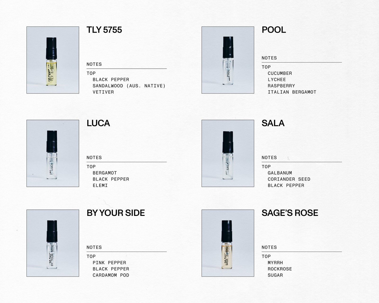 Six images of the six different TLY parfumes.