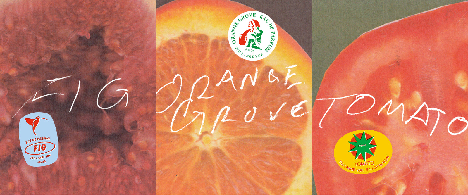 Three images of fruits with visible brand logos: fig, orange, and tomato.